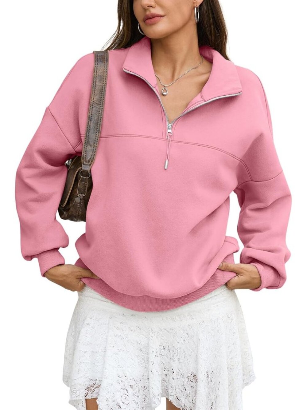 🆕Women's Light Pink Fleece Quarter Zip Pullover Oversized Long Sleeve Sweater